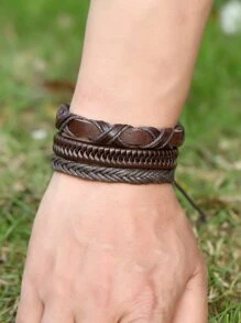 Fashionable and Popular 10pcs Men Woven Bracelet PU for Jewelry Gift and for a Stylish Look - Brown - View 6