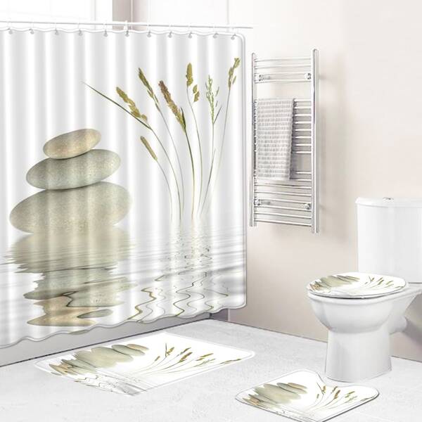 

1pc Stone Print Bath Mat Or Shower Curtain, White