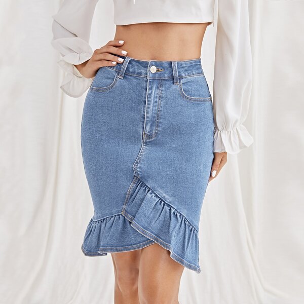 

Ruffle Hem Bodycon Denim Skirt, Light wash