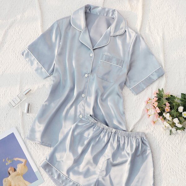 

Satin Contrast Binding Lapel Neck 1 Top & 1 Shorts Night Set, Baby blue