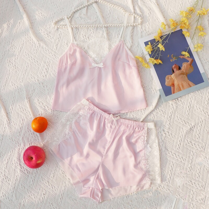 

Bow Front Lace Trim Night Set, Baby pink