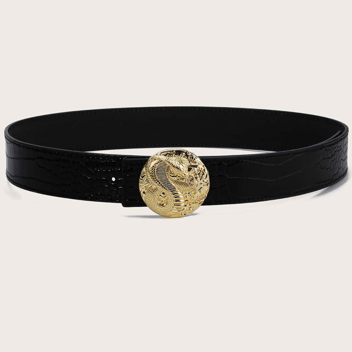 

Croc Embossed Round Buckle Belt, Black