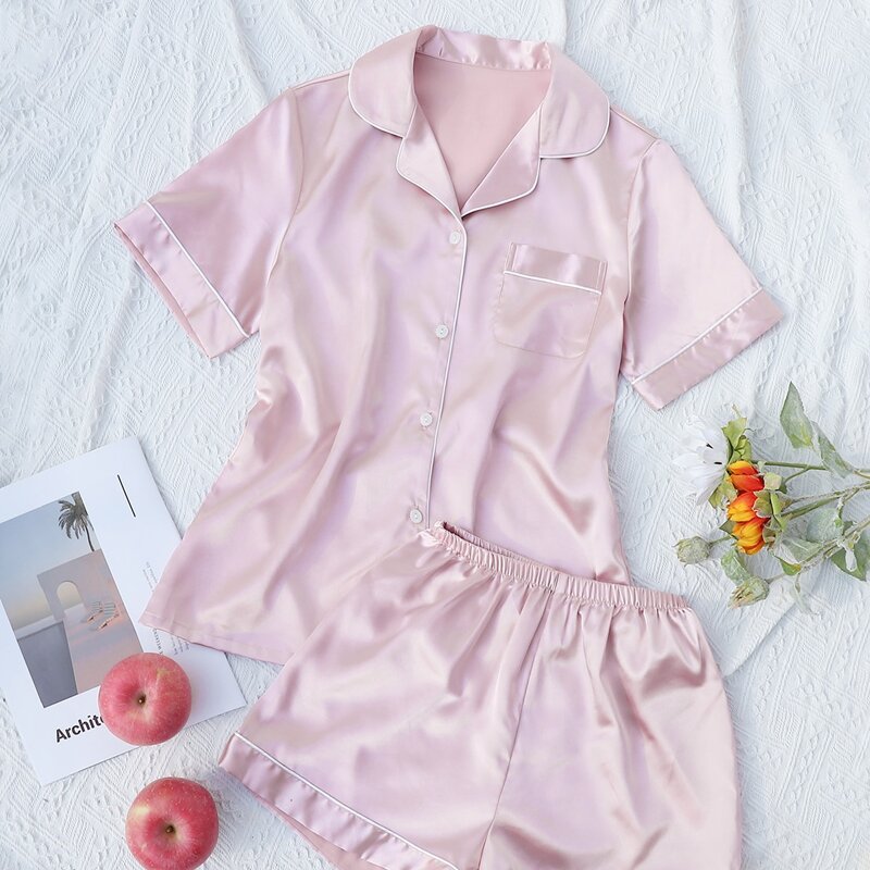 

Satin Contrast Binding Lapel Neck 1 Top & 1 Shorts Night Set, Baby pink