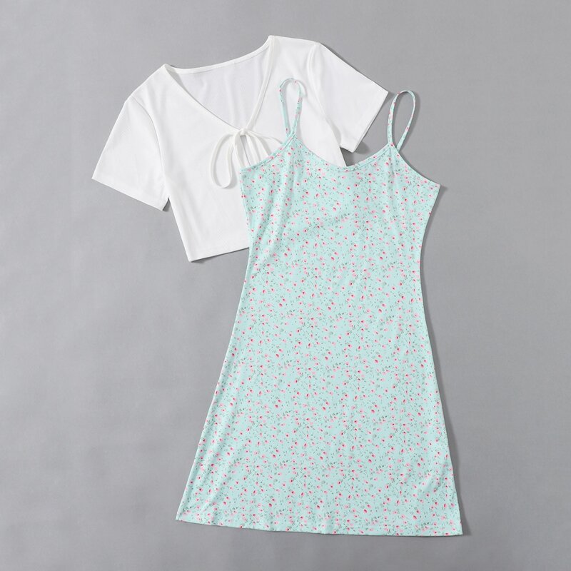 

Solid Tie Front Ribbed Top & Ditsy Floral Dress, Multicolor