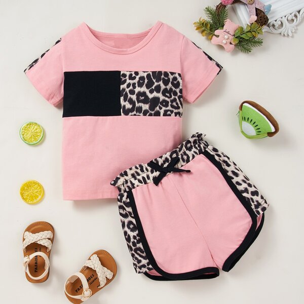 

Toddler Girls Leopard Colorblock Tee & Track Shorts, Baby pink