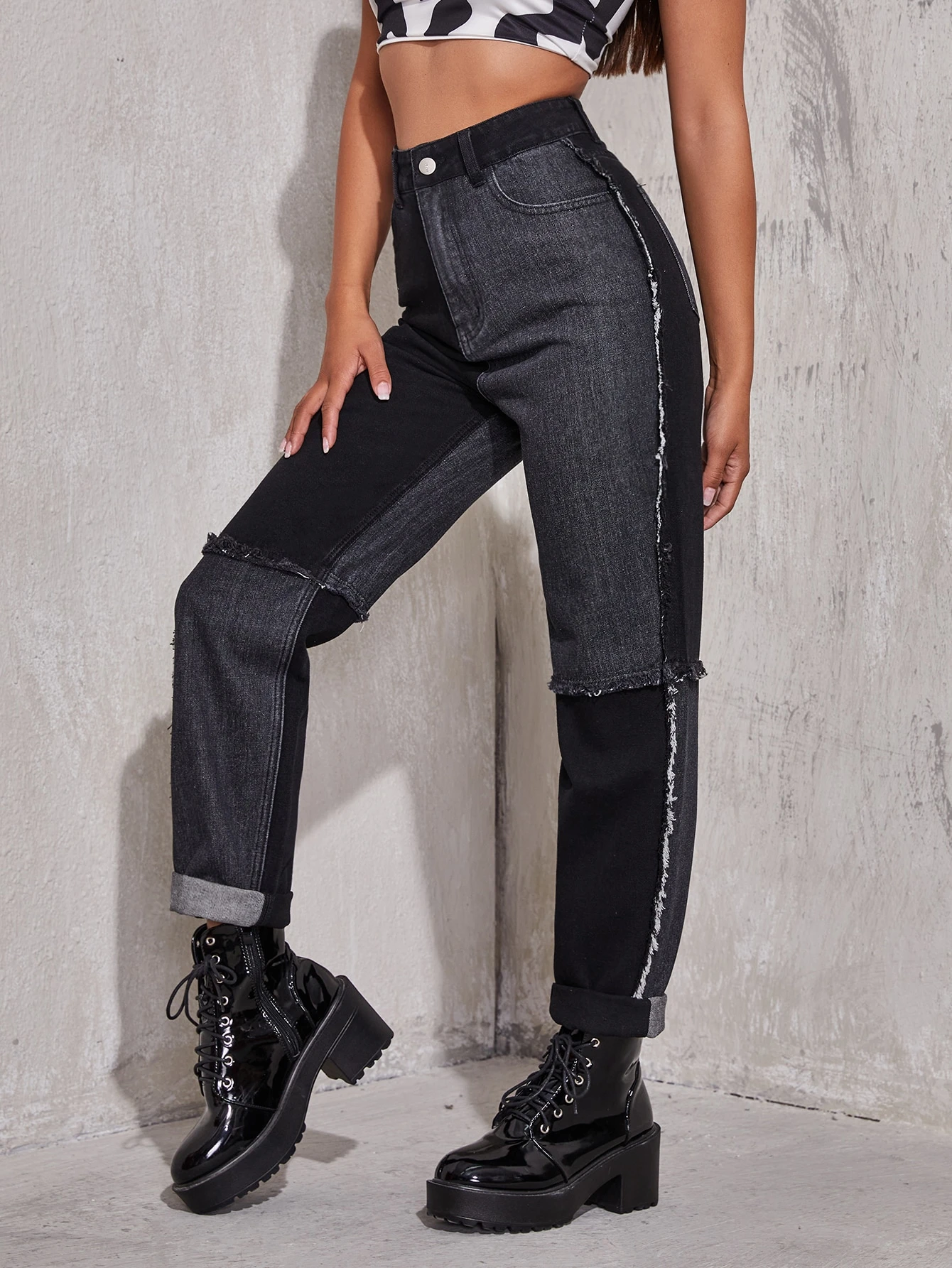 Casual Kleurblok Jeans Knoop | SHEIN Nederland