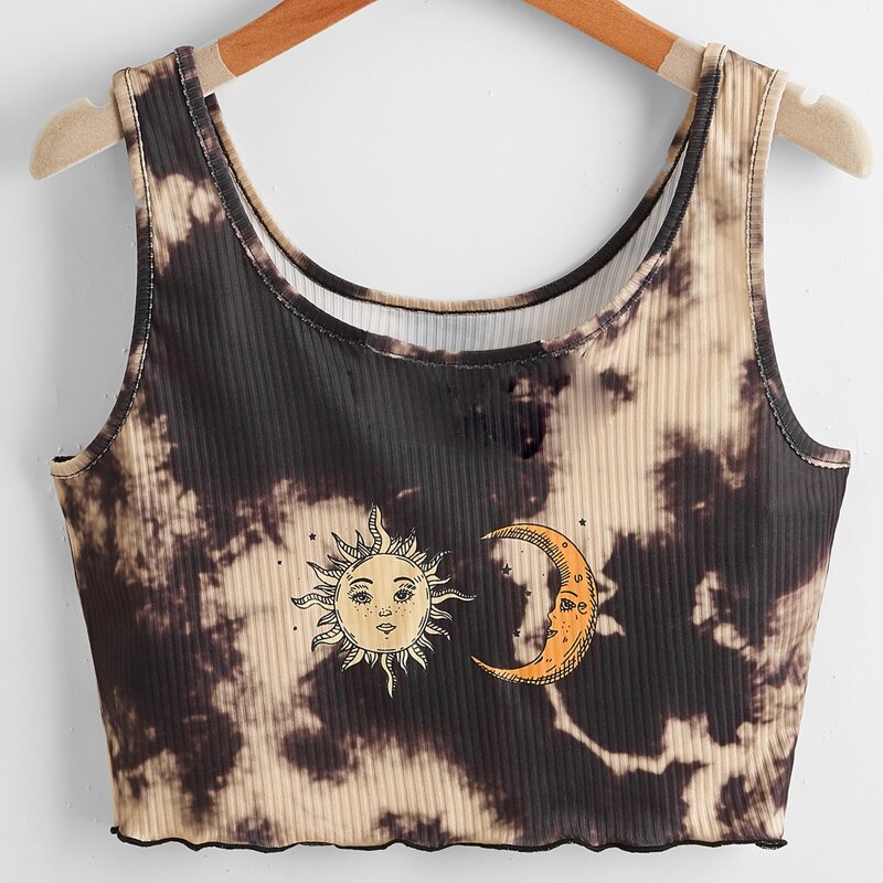 

Sun & Moon Graphic Tie Dye Ribbed Tank Top, Multicolor