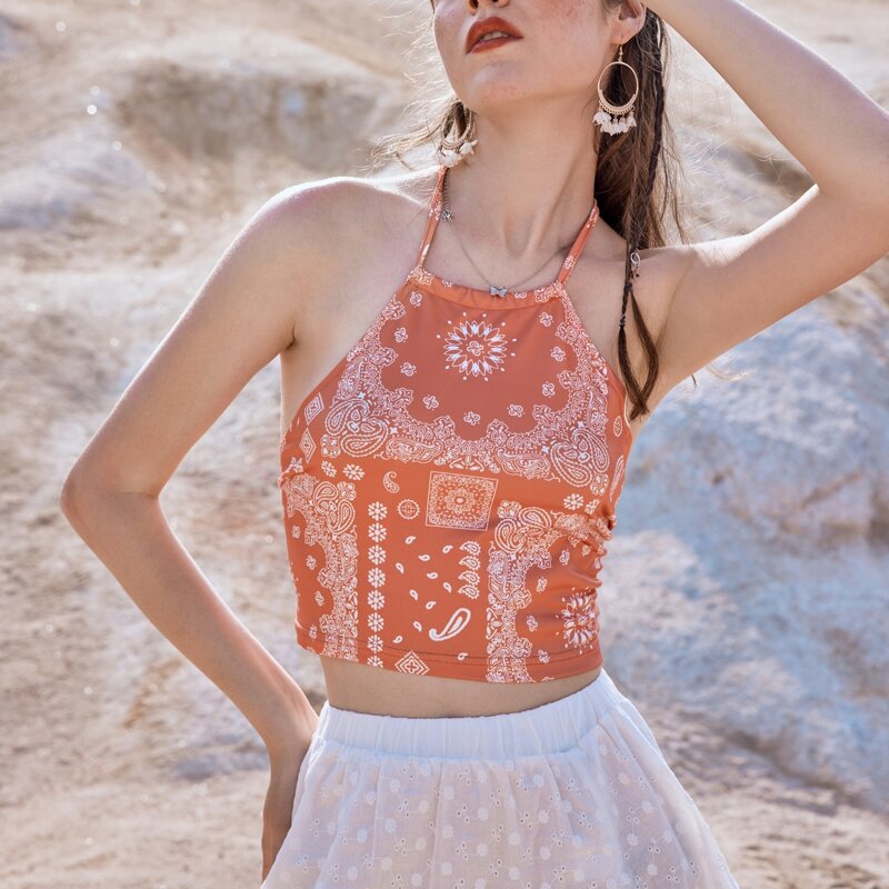 

Paisley Bow Back Halter Top, Coral orange