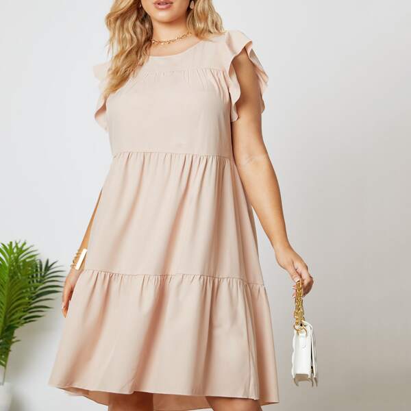 

Plus Flutter Sleeve Ruffle Hem Dress, Apricot