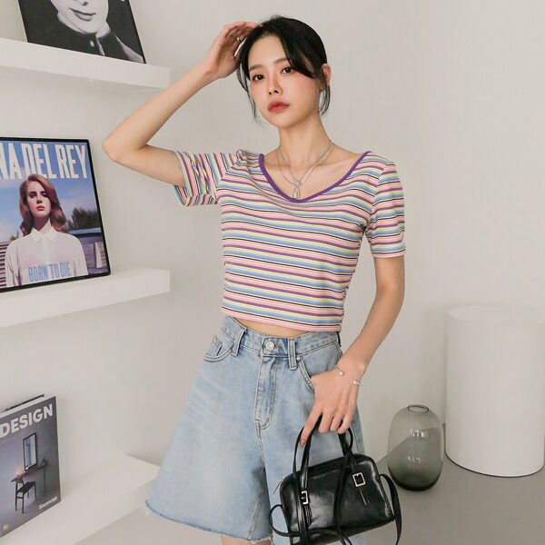 

Striped Ribbed Scoop Neck Crop Tee, Multicolor