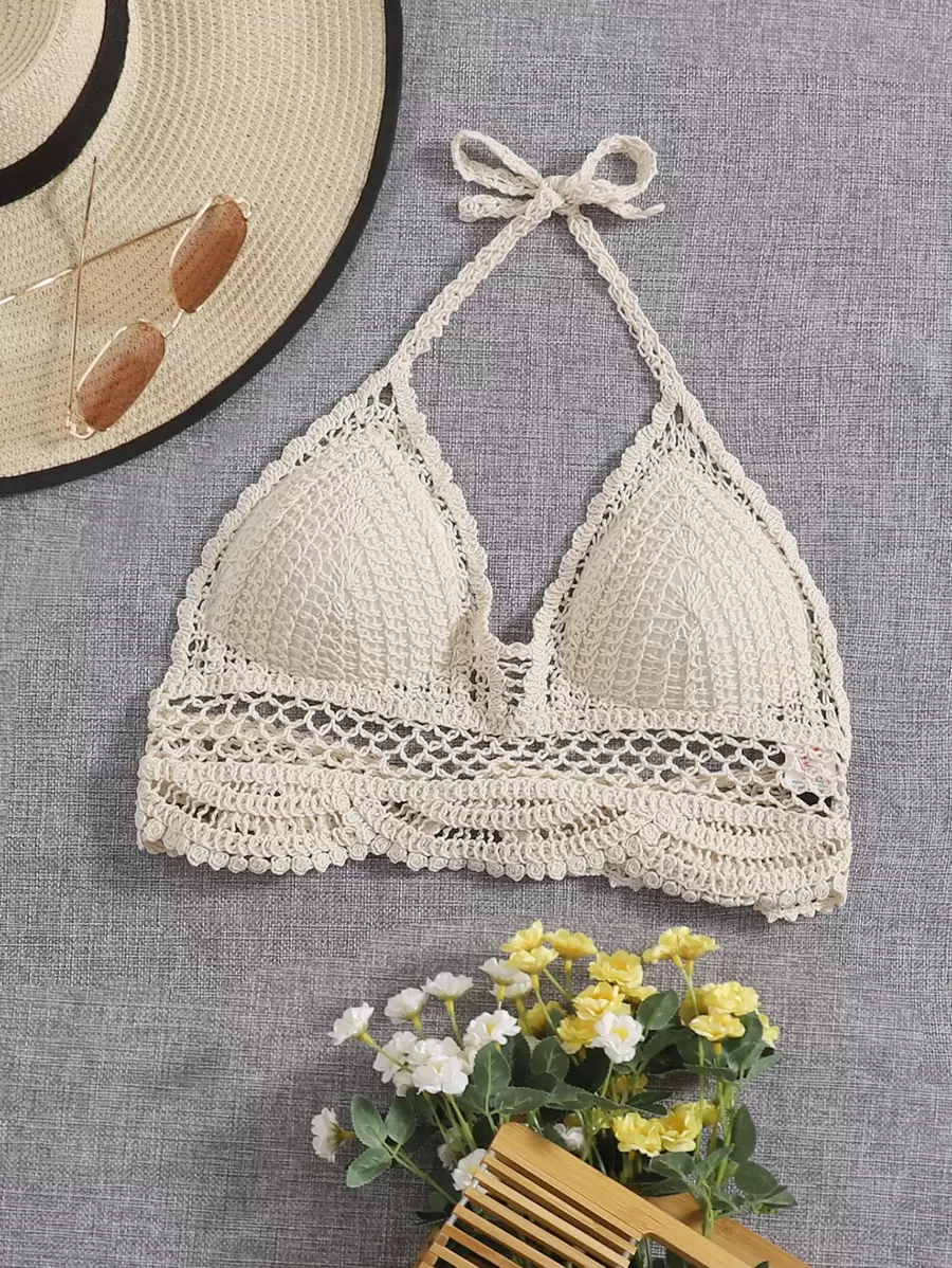 SHEIN SunnyBelle Top halter de croché unicolor - Beis - Ver 1