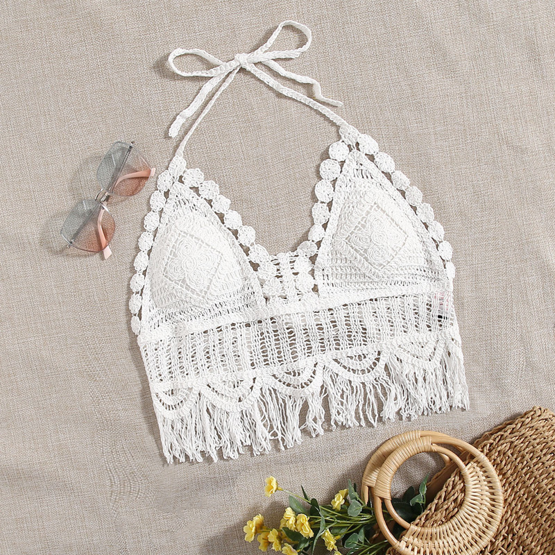 

Crochet Fringe Hem Halter Top, White