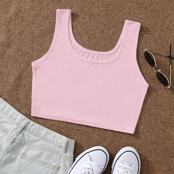 

Rib-knit Crop Tank Top, Baby pink