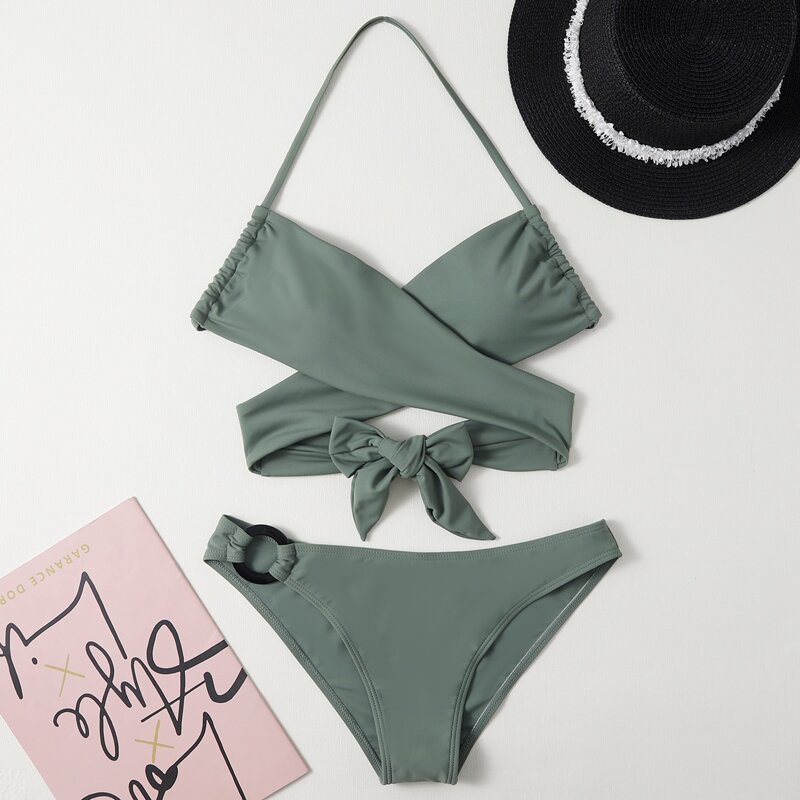 

Crisscross Wrap Halter Bikini Swimsuit, Army green