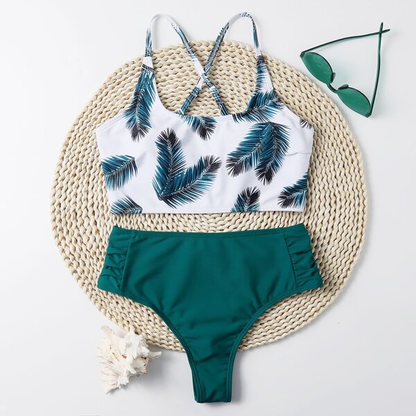 

Palm Leaf Random Print Bikini Swimsuit, Multicolor
