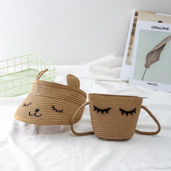 

Kids Eyelash Graphic Straw Bag With Cap, Khaki
