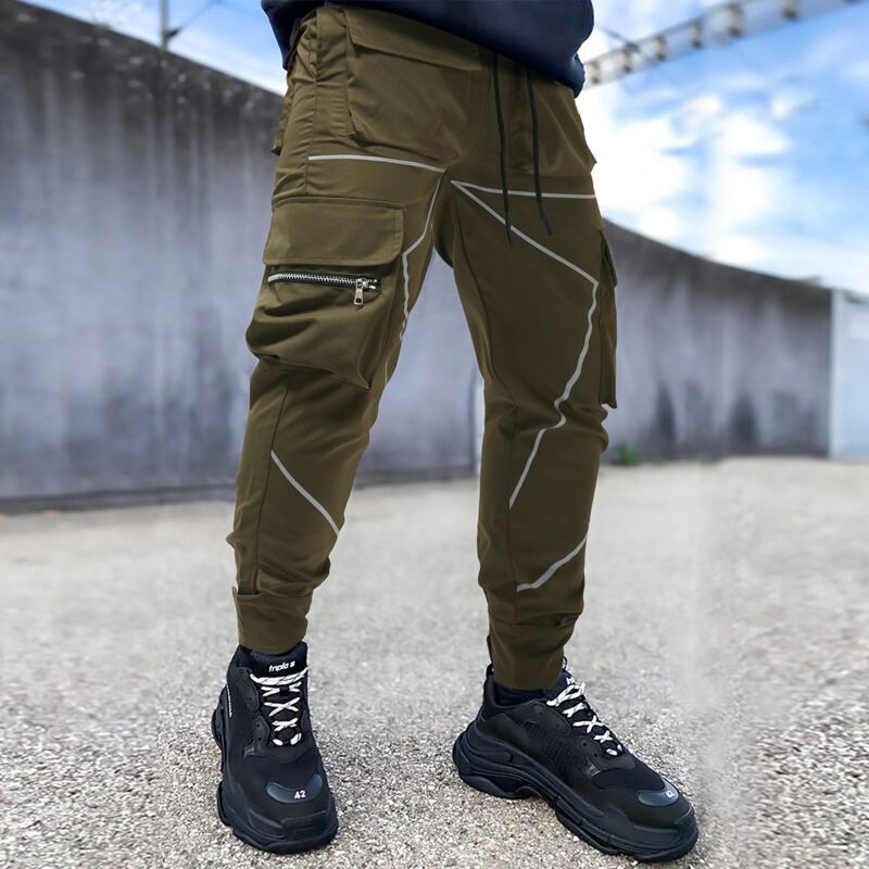

Guys Reflective Binding Drawstring Waist Cargo Pants, Army green
