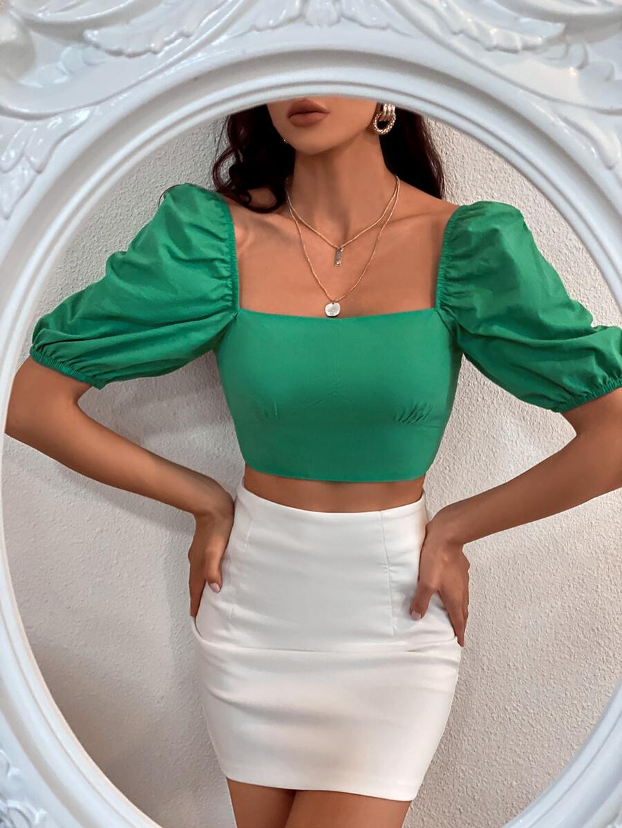 GENKIRA Solid Square Neck Criss Cross Tie Back Crop Blouse - Green - View 1