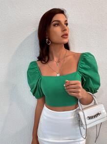 GENKIRA Solid Square Neck Criss Cross Tie Back Crop Blouse - Green - View 5