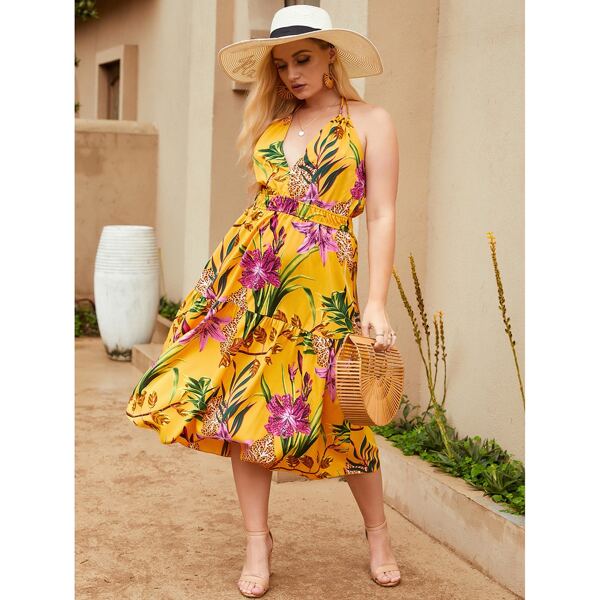 

Plus Tropical Print Backless Halter Dress, Multicolor