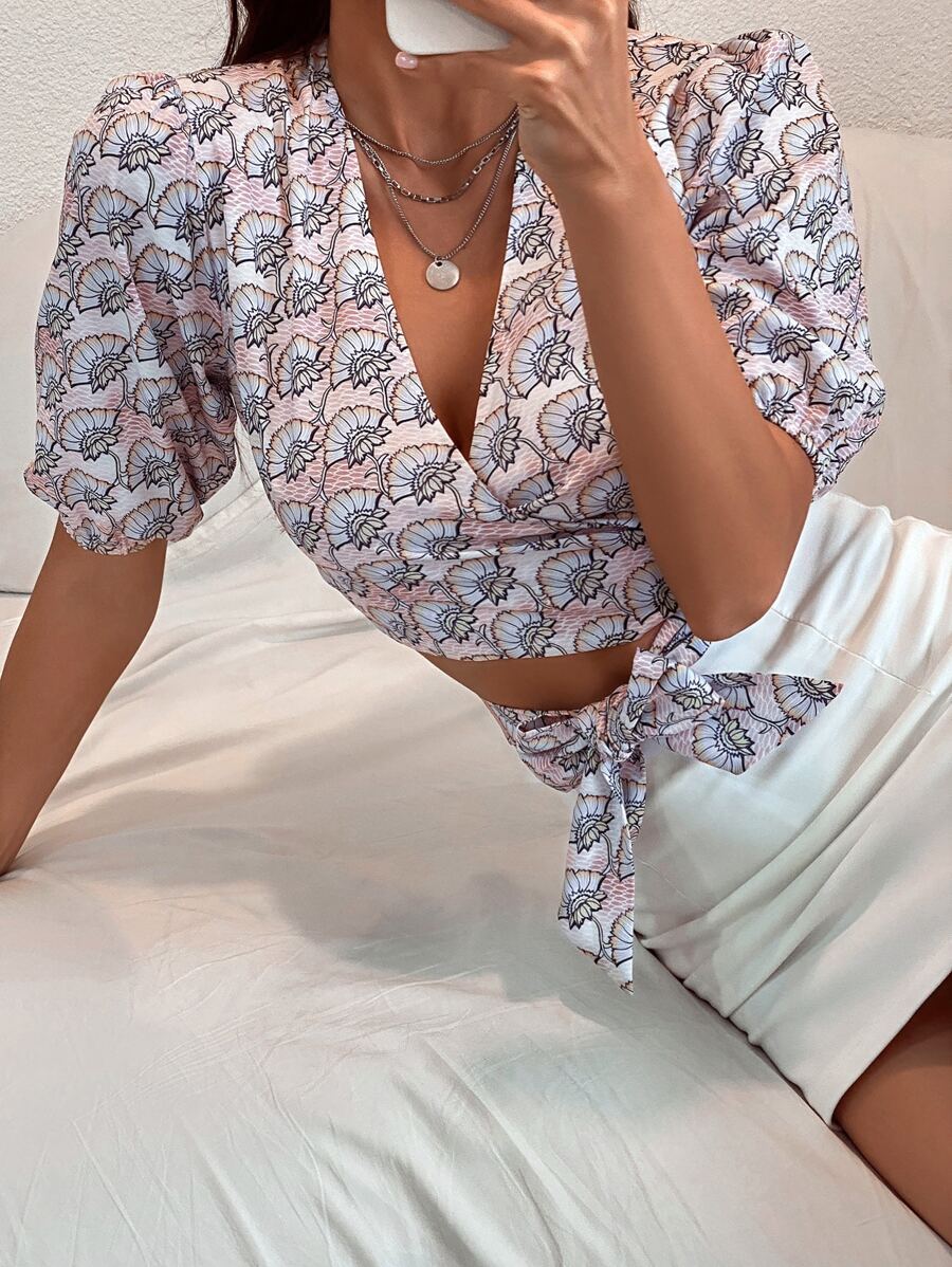 Floral Print Tie Front Wrap Blouse - Multicolor - View 1