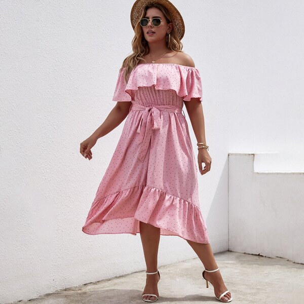 

Plus Polka Dot Belted Bardot Dress, Baby pink