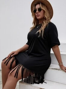 SHEIN VCAY Plus Solid Fringe Hem Tee Dress,Beach Dress Sundress,Holiday Outfits Boho - Black - View 4