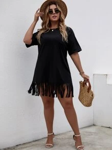 SHEIN VCAY Plus Solid Fringe Hem Tee Dress,Beach Dress Sundress,Holiday Outfits Boho - Black - View 5