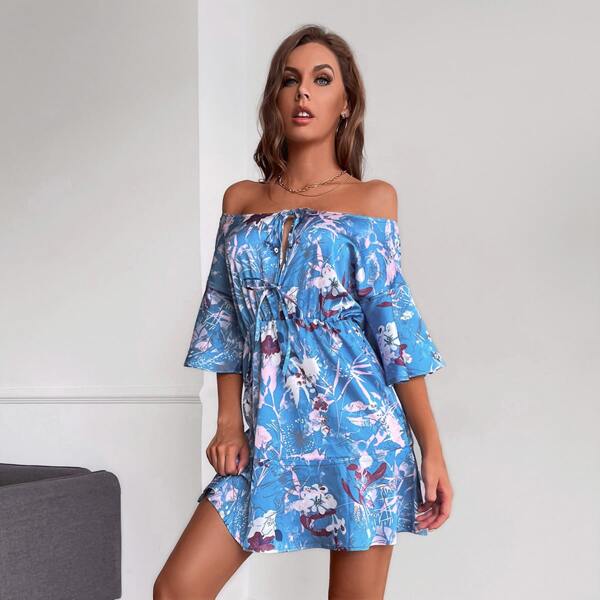 

Floral Tie Front A-line Dress, Blue