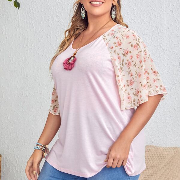 

Plus Contrast Floral Raglan Sleeve Scoop Neck Tee, Baby pink