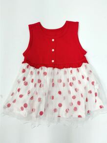 Nhỏ bé Cô gái Dễ thương Áo vest Chấm bi Lưới Váy công chúa Mùa hè - Đỏ và trắng - Xem 1