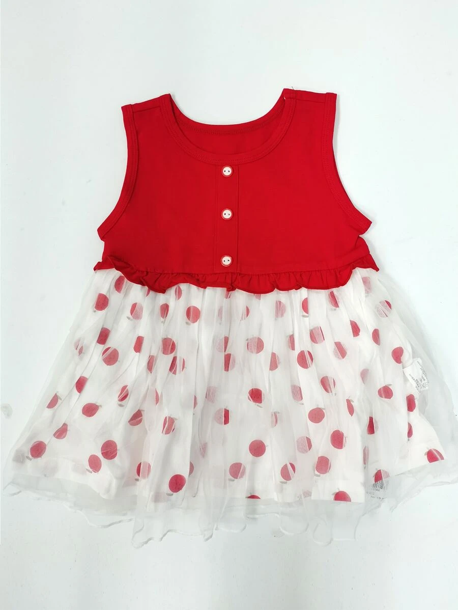 Nhỏ bé Cô gái Dễ thương Áo vest Chấm bi Lưới Váy công chúa Mùa hè - Đỏ và trắng - Xem 1