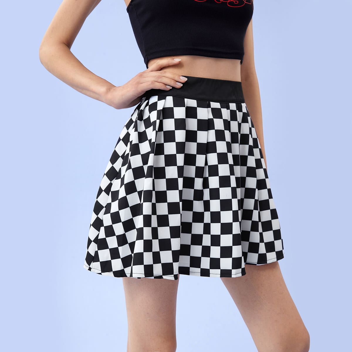 

Checkerboard Pleated Skirt, Black and white