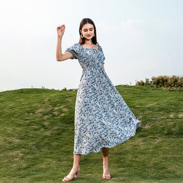 

Paisley Print Ruffle Trim Scoop Neck Dress, Blue