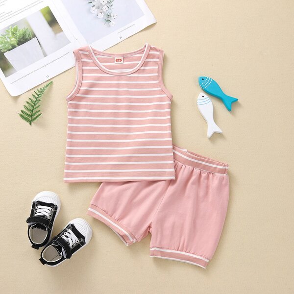

Baby Girl Striped Tank Top With Shorts, Baby pink