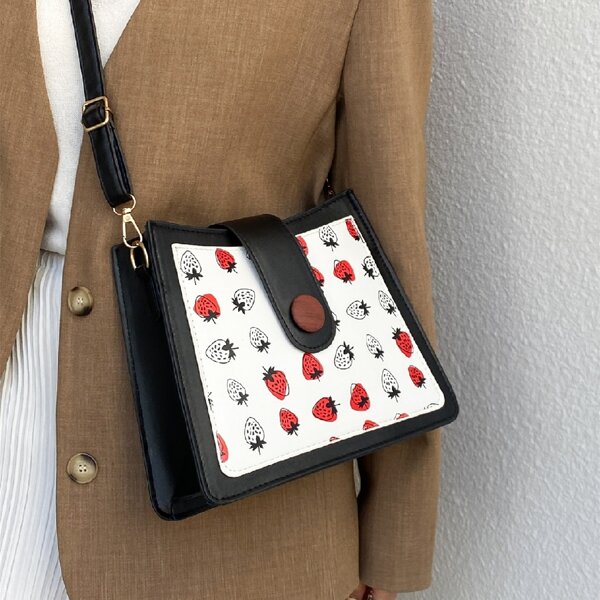 

Strawberry Graphic Crossbody Bag, Black and white