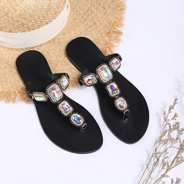 

Rhinestone Decor Thong Sandals, Black