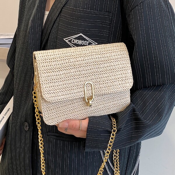 

Minimalist Flap Straw Bag, Beige