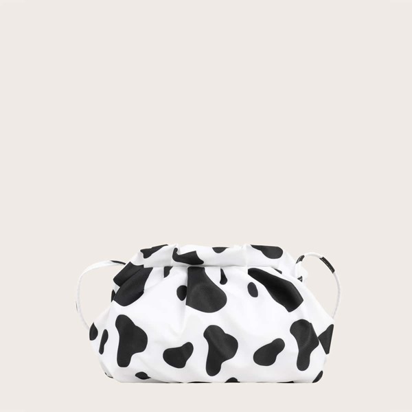 

Girls Ruched Design Cow Pattern Crossbody Bag, Black and white