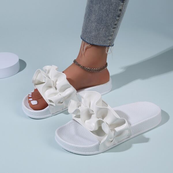 

Minimalist Ruffle Trim Slides, White
