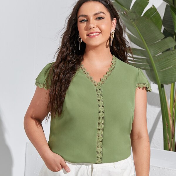 

Plus Lace Insert Cap Sleeve Blouse, Green
