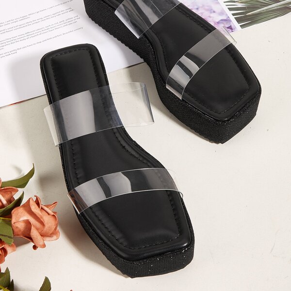 

Clear Panel Flatform Sandals, Black