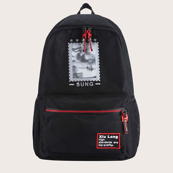 

Letter Patch Large Capacity Backpack, Black