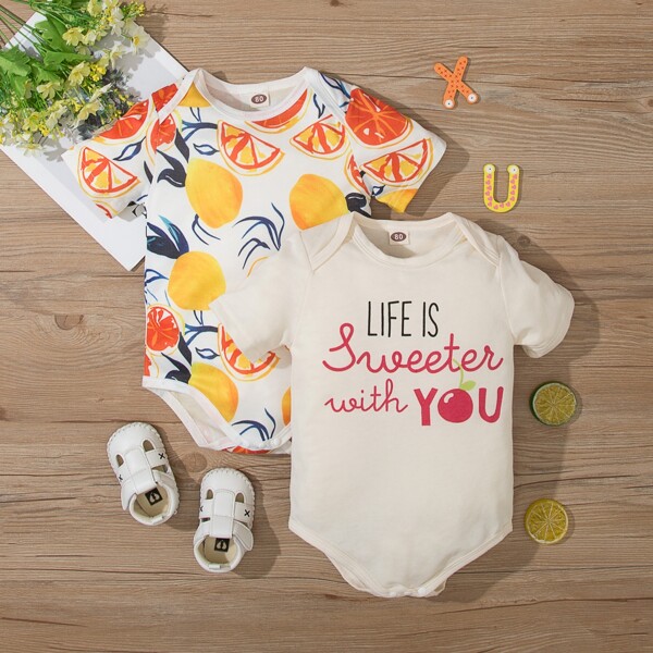

Baby Boy Fruit Print Bodysuit With Slogan Graphic Bodysuit, Multicolor