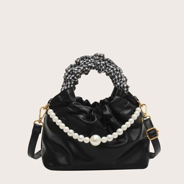 

Faux Pearl Decor Ruched Satchel Bag, Black