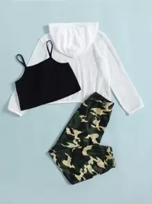 Girls 1pc Cami Top & 1pc Camo Pants & 1pc Mesh Hoodie