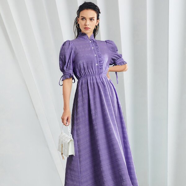 

Tie-cuff Textured Shirt Dress, Purple