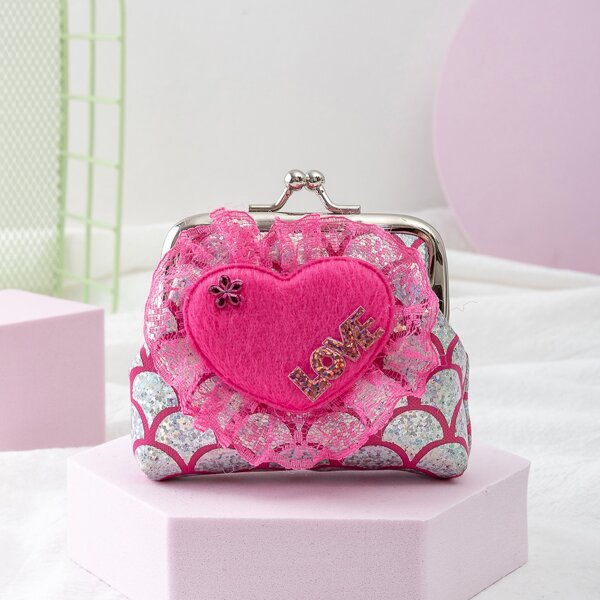 

Girls Heart Patch Kiss Lock Wallet, Hot pink