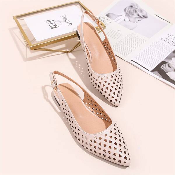 

Point Toe Hollow Out Slingback Flats, Beige