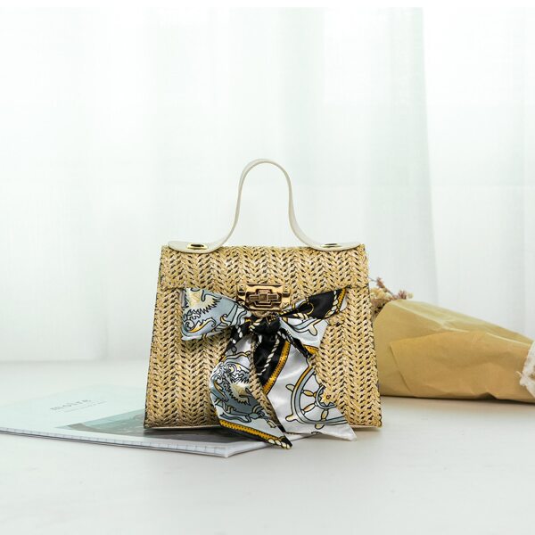 

Twilly Scarf Decor Straw Bag, Beige